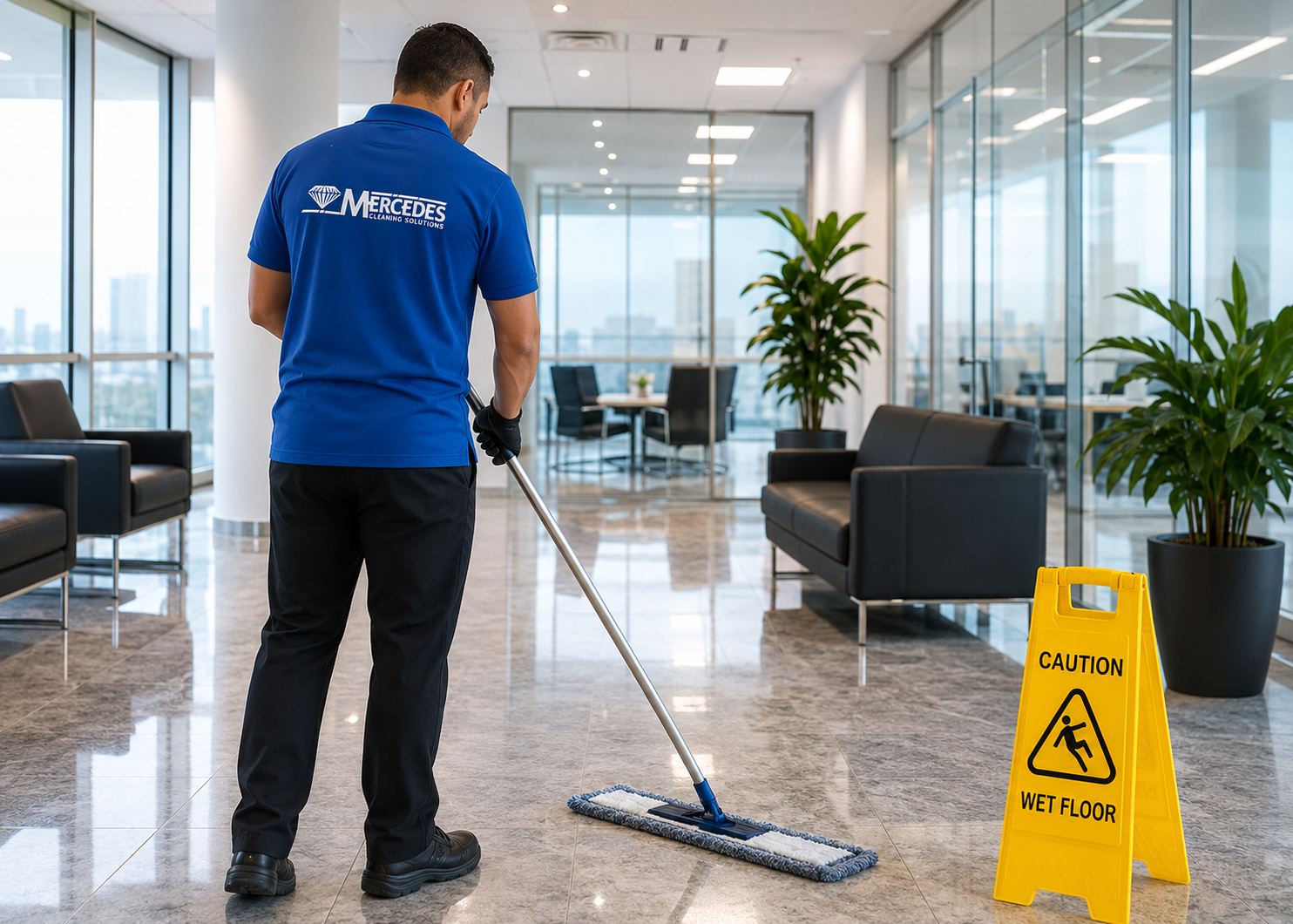 Mercedes Cleaning Solutions staff mopping a commercial office lobby