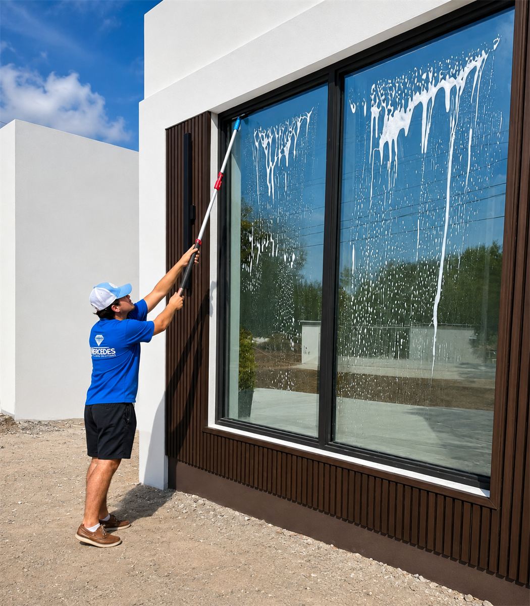 Mercedes Cleaning Solutions team member cleaning exterior windows